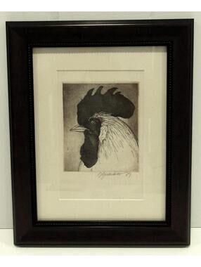 Rooster Etching Donna Guardino Signed Print 1979 in Wood Frame